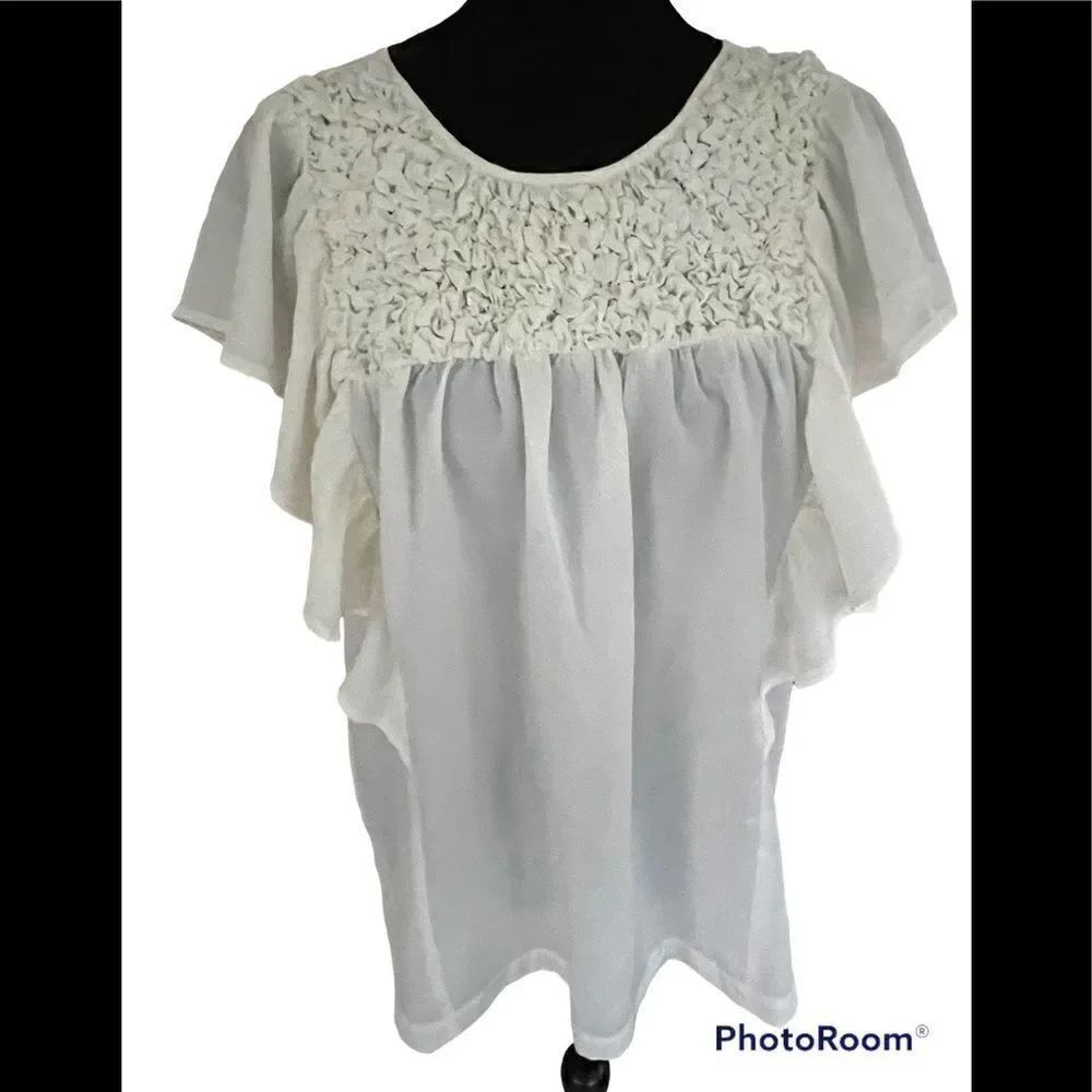 DANIEL Rainn ivory butterfly sleeved top with gathered elastic bodice, size XL